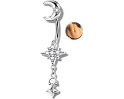 Body Piercing 14G Moon Star Dangle Belly Button Ring, 316L Stainless