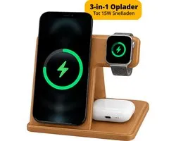 Chargeur sans fil 3 en 1 Garzini - Station de charge pliable - Adapté pour iPhone 12 13 14 15 16 17 18, Apple Watch, Earpods - Smartphone, montre connectée et écouteurs - Chargeur rapide 15W - Qi Wireless Charger - Station de recharge - Brun