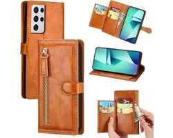 Étui Samsung Galaxy S22 Ultra Book avec fermeture éclair - Rabat - Magnétique - Porte-cartes 5 - Marron clair