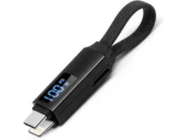 De Beste Gadgets data en Oplaadkabel 2 in 1 - Geschikt voor USB-C en Apple Lightning - Met display en sleutelring - Compact 16 cm - Zwart