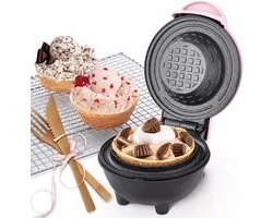 Waffle Bowl Maker(Pink), 4'' Small Waffle Cup Machine for Ice Cream Sundaes, Taco Bowls & Desserts, 350W Fast Heating Non-Stick Wafflera, Compact Gift for Kids, Family & Breakfast