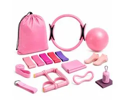 Sercano 13-Delige Pilates Set – Pilates Ring 38 cm, Pilatesbal 25 cm, 3 Weerstandsbanden, Stretchband, Figuur-8 Expander, Yogariem en Opbergtas – Roze