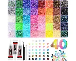 Ensemble Luxe Strasssteentjes XXL - 32.000 Pièces dans 40 Couleurs - Kit DIY Rhinestones & Strass - Incl. 3x 10ml Colle B7000, Pincette & Wax Pen - Kit Nail Art - Pour Nail Art, Vêtements & Loisirs Créatifs - 3mm