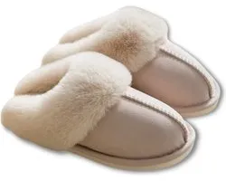 Pantoffels Dames en Heren Fluffy Open Sloffen met Pluche Voering Antislip Zool - Beige - Maat 38/39