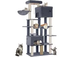 Tour à chat multi-niveaux - 200 cm - Grand arbre à chat – Avec 10 poteaux à griffer et 2 hamacs – Tour à chat avec 2 niches, panier et plateforme – Brosse pour chat incluse – Convient aux grands chats et chatons