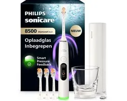 Philips Sonicare Next-Generation DiamondClean 8500 Elektrische Tandenborstel - Inclusief 4 A3 All-in-One Opzetborstels, Slimme Poetsdruksensor, Oplaadreisetui & Oplaadglas - Wit - HX8515/11
