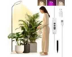 Lapamax Groeilamp Planten 2-in-1 72 LEDs-Kweeklamp LED Full Spectrum met 16 cm Ring-Plantenlamp Staande met Voet & Aardpin- Hoogte Verstelbaar 25-155 cm- 10 Helderheidsstanden&Timer-Growlight voor Kantoor, Kruiden en Woonkamer-Wit-EU Adapter