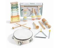 Montessori Muziekinstrumenten Set voor Peuters – Houten Muziekspeelgoed 8-delig – Inclusief Xylofoon, Tamboerijn, Regenmaker, Triangel, Maracas & Castagnetten – Educatief Speelgoed voor Kinderen vanaf 3 Jaar
