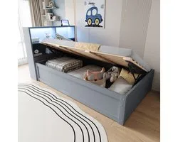 Wishdor Lit de repos 90x200 cm - Avec LED, Prise & Système de levage hydraulique - Solution Smart Home - Bois - Gris