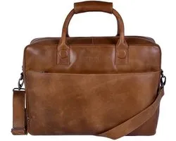 DSTRCT Fletcher November - Sacoche en cuir pour ordinateur portable d'affaires - Compartiment de 17,3 pouces à fermeture éclair pour ordinateur portable - Porte-clés - Cognac
