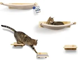 Mur d'escalade pour chat WOOWOOD® avec 2 échelles murales [bois massif] | Griffoir pour chat | Hamac pour chat | Griffoir mural | Meubles pour chat | Mur pour chat | Set de Mur d'escalade pour chat (5 pièces)