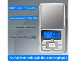 Digitale keukenweegschaal, zakweegschaal, digitale grammen/ounces/sieradenweegschaal/mobiele telefoonweegschaal met verlicht LCD-scherm, weegnauwkeurigheid van 500 g 0,01 g, mini-reisweegschaal, werkt op 2 AAA-batterijen (niet meegeleverd).