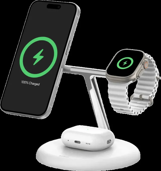 Belkin Boost Charge Pro MagSafe en Qi2 3-in-1 Draadloze Oplader 15W met Standaard Wit