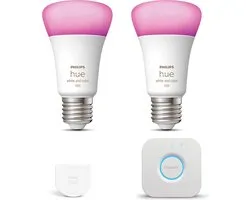 Philips Hue Starterspakket - E27 - met 2 Standaard Lampen - Wit en Gekleurd Licht - Incl. 1 Hue Bridge, 1 Hue Wall Switch - Hue White and Color Ambiance