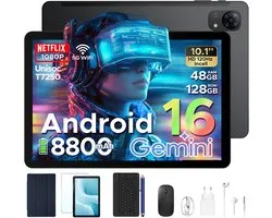 POCKAM P10 Pro - Tablet - 48 GB RAM (8+40 GB) + 128 GB ROM (2 TB/TF) - Android 16 - 10,1 inch HD 120 Hz - 8800 mAh - Gemini AI - T7250 Octa Core - Face ID - Dubbele luidsprekers, complete accessoirebundel met toetsenbord en stylus