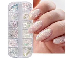 Flocons de nail Art Abalone - 12 grilles - Glitter Aurora - Vernis à ongles - Décoration Nail Art - Vernis à ongles - Aurora sirène 3D - Disque mica - Ongles pailletés colorés - Pince à épiler
