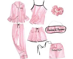 Pyjamas - Pyjamas pour femmes - Ensemble 7 pièces - Ensemble de pyjama en satin - Haut, pantalon et short pour printemps/été/automne - Rose-L