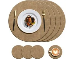 Set of 4 Round Leather Placemats and 4 Coasters - Heat Resistant Table Mats for Indoor Outdoor Dining - 250 Degree Fahrenheit Non-Slip Waterproof PU Mats.