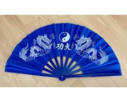 Éventail à main Tai Chi Kong Fu Yin Yang deux dragons bleu et blanc environ 65 x 35 cm Climatiseurs chinois en été