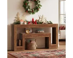 Tribesigns Consoletafel - Sidetable met 2 Planken - Hout - Bruin - Smalle Salontafel in Landelijke Stijl - 160 x 30 x 85 cm - Console Tafel voor Hal, Woonkamer, Entree