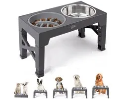 BOTC Gamelle Chien avec Support - Gamelle Chat - Gamelle Anti-Glouton Chien - Gamelle Surélevée - 4 Hauteurs - Slow Feeder - Gris