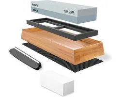 Wetsteen dubbelzijdig 400/1000 Korrel Inclusief egaliseersteen Bamboe basis siliconen pad Hoekgeleider set - Meiyijia