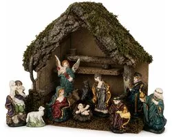 Complete kerststal - 30 x 18 x 26 cm - met 11 kerstbeeldjes - kerstdecoratie stal