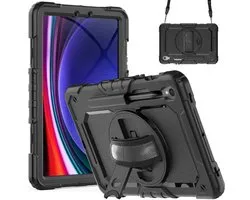Xccess Tablethoes geschikt voor Samsung Galaxy Tab S10 FE Plus Hoes Hard Kunststof,Siliconen | Xccess Survivor All-round Backcover + Schouderband | Schokbestendig Galaxy Tab S10 FE Plus Telefoonhoesje | Anti Shock Proof + Standaard - Zwart