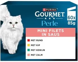 Mini Filets Gourmet Perle - Poulet/Lapin/Bœuf/Saumon - Nourriture pour chat - 60 x 85 g