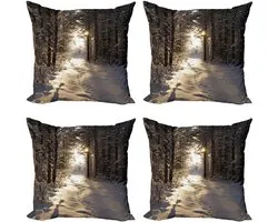 ABAKUHAUS winterkussensloop set (4 stuks), Christmas Snow Forest, moderne dubbelzijdige digitale print, 40 cm, bruin lichtgeel