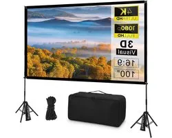 Projection Screen with Tripod, 100 Inch Projection Screen Portable Outdoor Cinema Folding Without Wrinkles 16:9 HD Front and Rear Projection Garden Projection with Carry Bag for Home, Backyard
