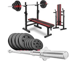 Thuys – Fitness Bench – Bench Press – Halterbank – Met Gewichthouders – Complete Set – Compact Design – Zwart/Rood