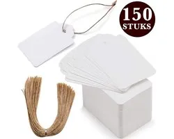150x Stuks Kraft Karton Labels met 20m Jute Touw - Hart Kartonnen Cadeaulabels met Gaatje en Koord - Witte Etiketten - Kraftpapier Naamkaartjes - Blanco Prijskaartjes\Prijslabels met Koortje - 7x4cm