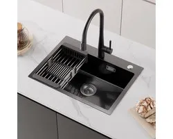 CECIPA max Handgemaakte RVS Spoelbak - Spoelbak Antraciet 60x45CM - Spoelbak Keuken Met Afdruiprek - Met Kraangat - RVS Gootsteen Met Afdruiprek