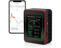 Rayofi co2 meter - luchtkwaliteitsmeter binnen - Draagbaar & oplaadbaar - 15-in-1-co2 melder deeltjesmeter - wordt gebruikt om koolstofdioxide, temperatuur en luchtvochtigheid te meten - met smartphone-app - zwart