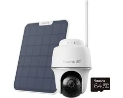 Reolink 4K Batterij WiFi Beveiligingscamera - Kleurnachtzicht - Automatische tracking - Afneembaar zonnepaneel - Dual-band WiFi 6 - Tweerichtingsaudio - Argus Serie B440 met Zonnepaneel 2 + 64GB SD-kaart