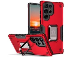 Smartphonica Rugged Armour case voor Samsung Galaxy S22 Ultra met verstelbare ringhouder - Rood geschikt voor Samsung Galaxy S22 Ultra