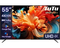 TuTu Android Smart TV - LED UHD 4K - 55 inch/140 cm - Frameless Design - Tripple Tuner DVB-T/T2/S/S2/C - HDMI x3, USB x2, CI+ - Voice Controle & Streaming apps - Geassembleerd in Eindhoven - TUS55UD1A