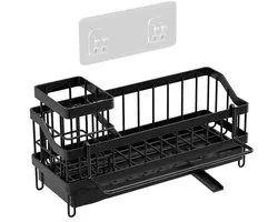 Étagère de rangement de cuisine - Étagère de rangement pour l'évier - Étagère de rangement étroite pour l'évier - Met afdruiprek en vaatdoekhouder - Montage murale - Convient pour les brosses et les serviettes - Pas de forage requis - Zwart