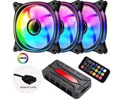 ARGB Fan x 3 - 120mm PWM Fans Black Frame - Ventilatorhuis - 3 Pack - ARGB Ventilator 120mm - 40,94 CFM - 600~1600 RPM - 27,2 dB(A) - 4-pin PWM - Zero-RPM - Zwart - LC-CF-120-ARGB-KIT-B