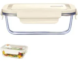 Lunchbox - Glazen lunchbox - Voedselbewaarcontainer - Bentobox - Maaltijdbox - Glazen bewaardoos - Met deksel - Gebroken wit - 17,3*12,7*5,6 cm - Herbruikbaar - Geschikt voor koelkasten, picknicks, feestjes, kantoren en magnetrons