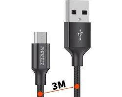 3 Meter USB-C Kabel - 18W/3A - USB naar USB-C - Type-C Snellaadkabel + Data Kabel - Scheurvast - Quick Charge - Universele Type C USB Kabels