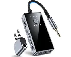 Transmetteur Bluetooth 5.2 pour avion, compatible avec 2 AirPods ou casques, aptX faible latence, prise auxiliaire 3,5 mm et récepteur Bluetooth- Adaptateur audio sans fil pour voyage en avion, TV, salle de sport, voiture, enceintes (gris)