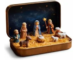 Kerststal Set - Religieuze Decoratie - Binnen Decoratie - Compact Tin Box - 10 x 6 x 3 cm - Zilver