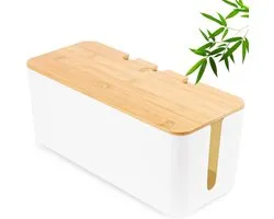 Cable Management Box - Kabel Organizer Box met Houten Deksel - Grote, Middelgrote en Kleine Kabelbeheersdoos - Stekkerstrips en Kabelopbergdoos - Wit (L=40.6 x 15.7 x 13.5cm)