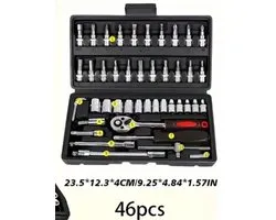 46-delige professionele auto- en motorreparatieset – complete gereedschapskoffer van vanadiumstaal met ratelsleutels, doppen, schroevendraaiers en bits – ideaal voor garage, werkplaats en doe-het-zelf klussen