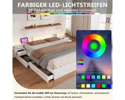 Lit double 180*200cm, lit double, lit en bois, lit jeune, avec interface USB, avec éclairage LED et prise, contrôlable via application mobile, 2 tables de chevet, avec commode, sans matelas, blanc