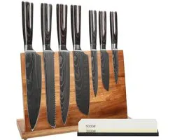 Shinrai Knives - Ensemble de 7 couteaux à impression Damascus + Bloc à couteaux + Pierre à aiguiser