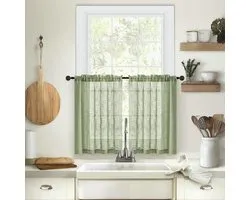 Beydodo Rideaux Courts Modernes 63,5 x 63 cm Vert Semi-Transparents Look Lin Moderne Rideaux Unis Rideaux de Cuisine Rideaux Bistro Lot de 2
