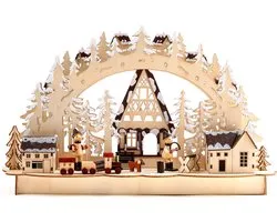 Arche lumineuse LED 3D BRUBAKER, arc lumineux, paysage d'hiver avec menuisiers, éclairage LED, bois naturel, 43,5 x 26,8 x 10,1 cm, peint à la main